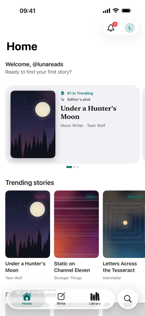 Ficverse Home screen: an editor’s pick, trending stories and popular fandoms