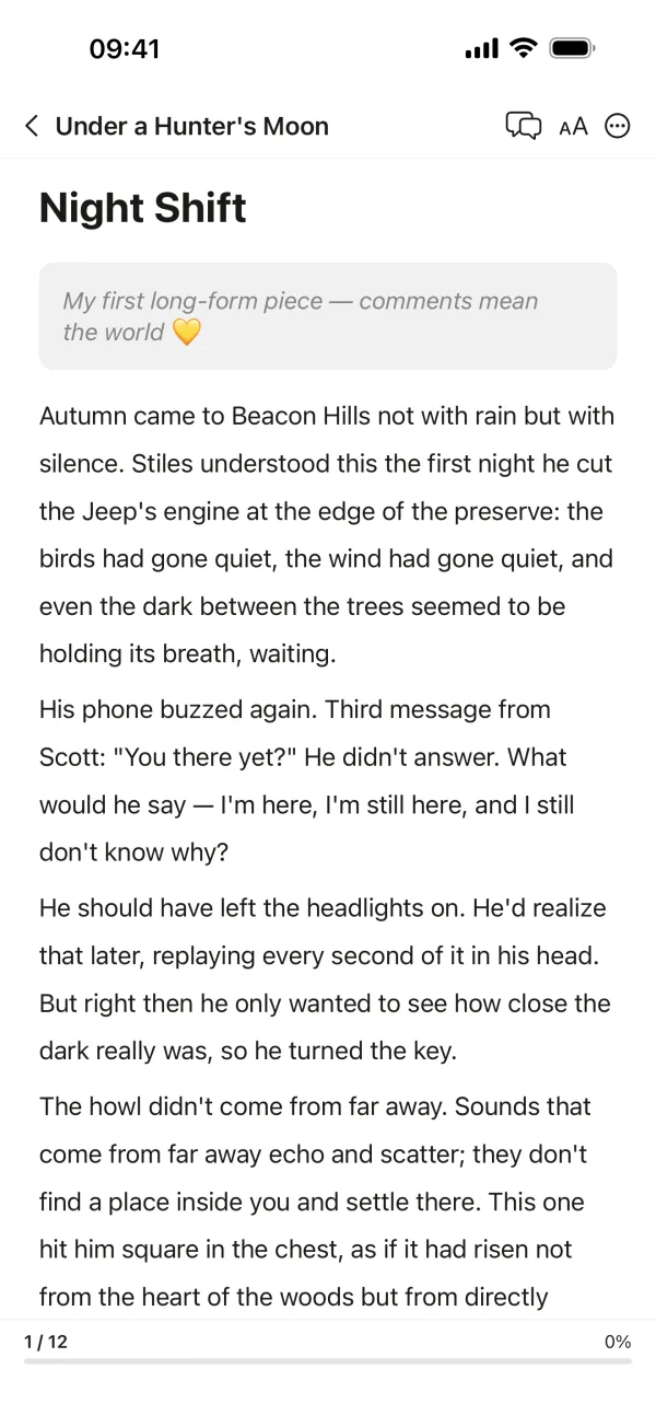 Ficverse reader showing the first chapter of a story