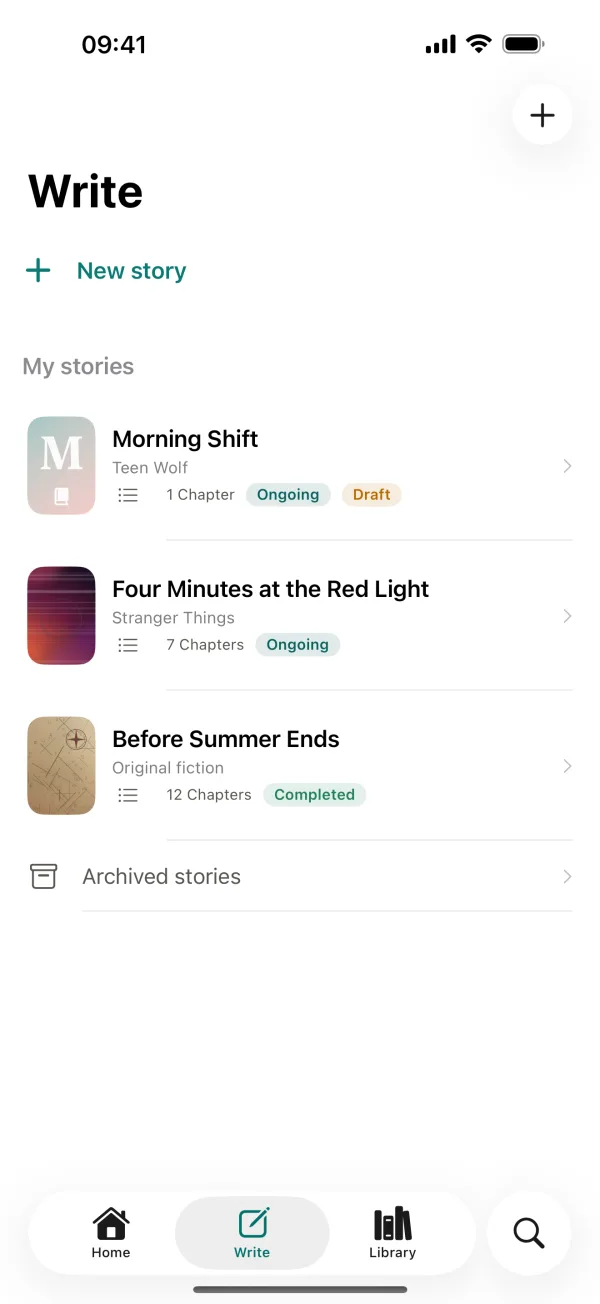 Ficverse Write screen listing drafts and published stories