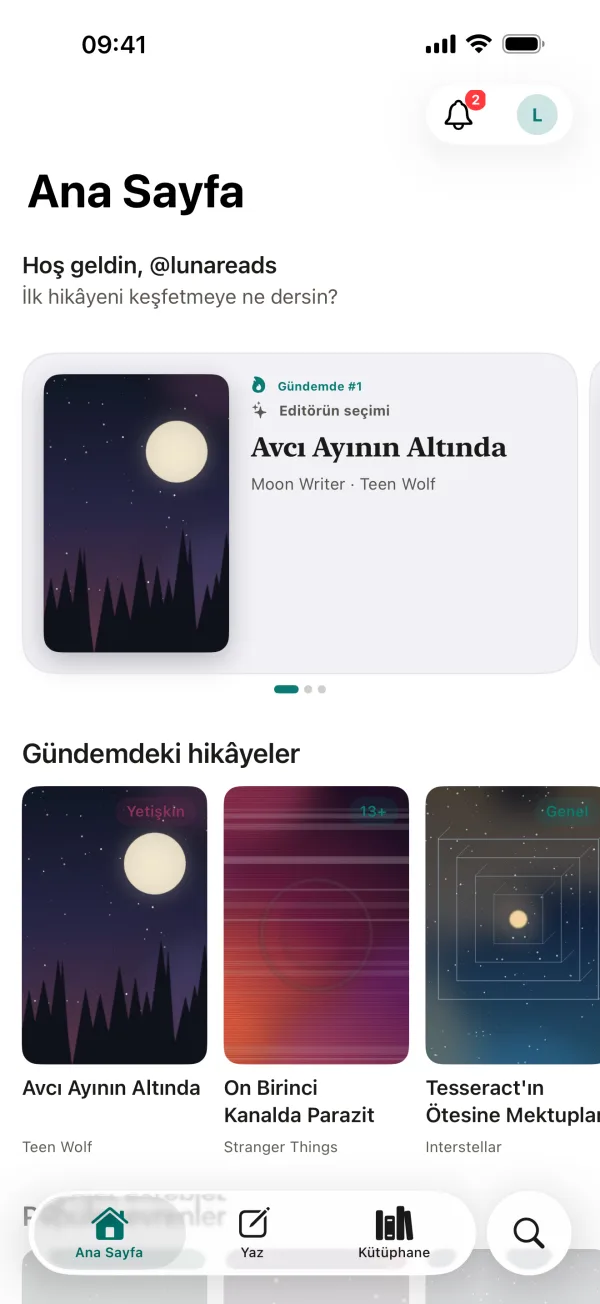 Ficverse Ana Sayfa ekranı: editörün seçimi, gündemdeki hikâyeler ve popüler fandomlar