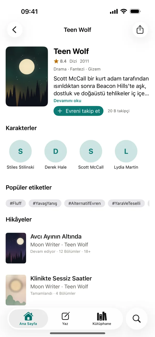 Ficverse'te karakterler, popüler etiketler ve hikâyelerle Teen Wolf fandom sayfası