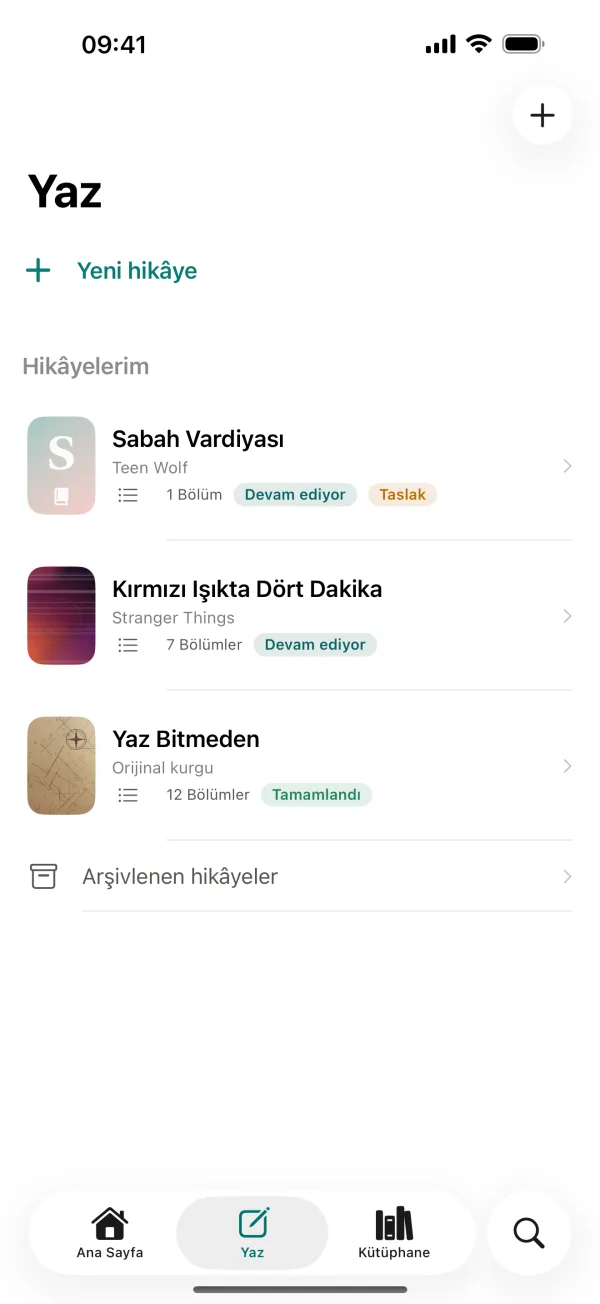 Taslakları ve yayımlanan hikâyeleri listeleyen Ficverse Yaz ekranı